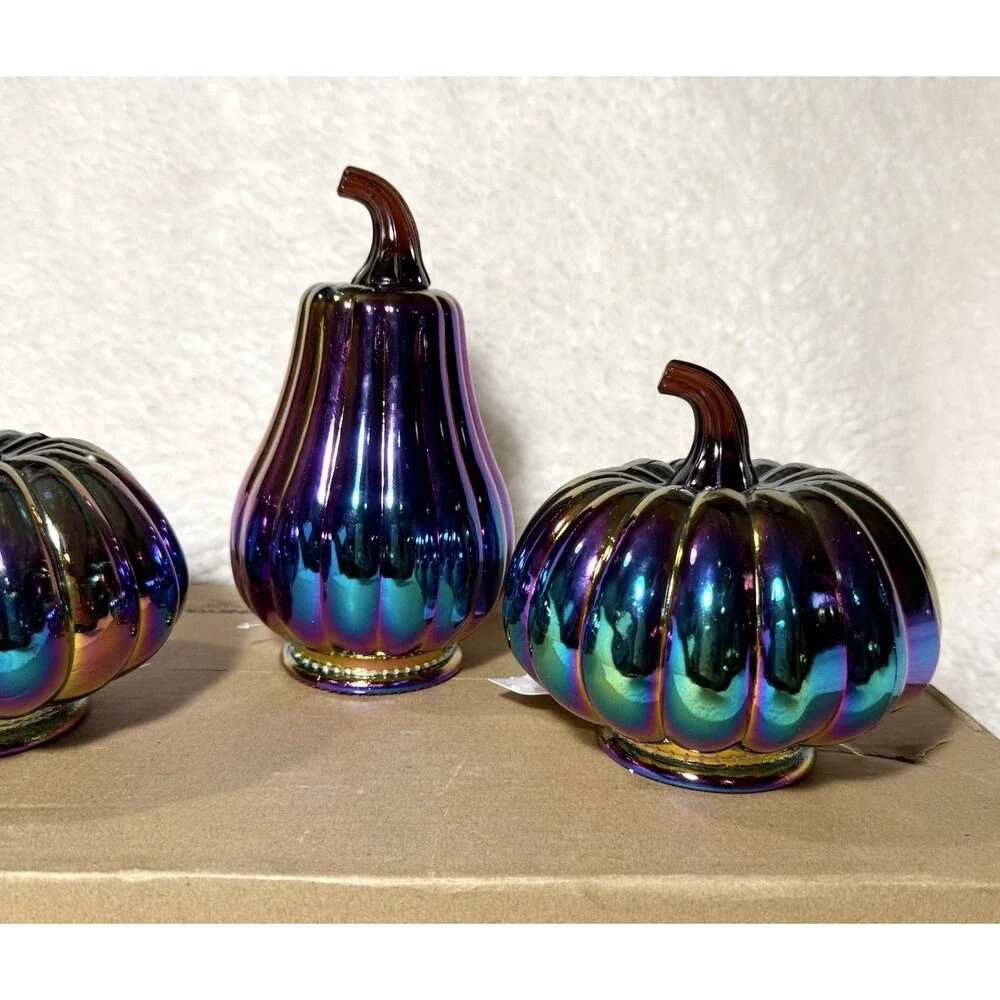 Set of 3 Dark Iridescent Glass Pumpkins Target Halloween - NEW